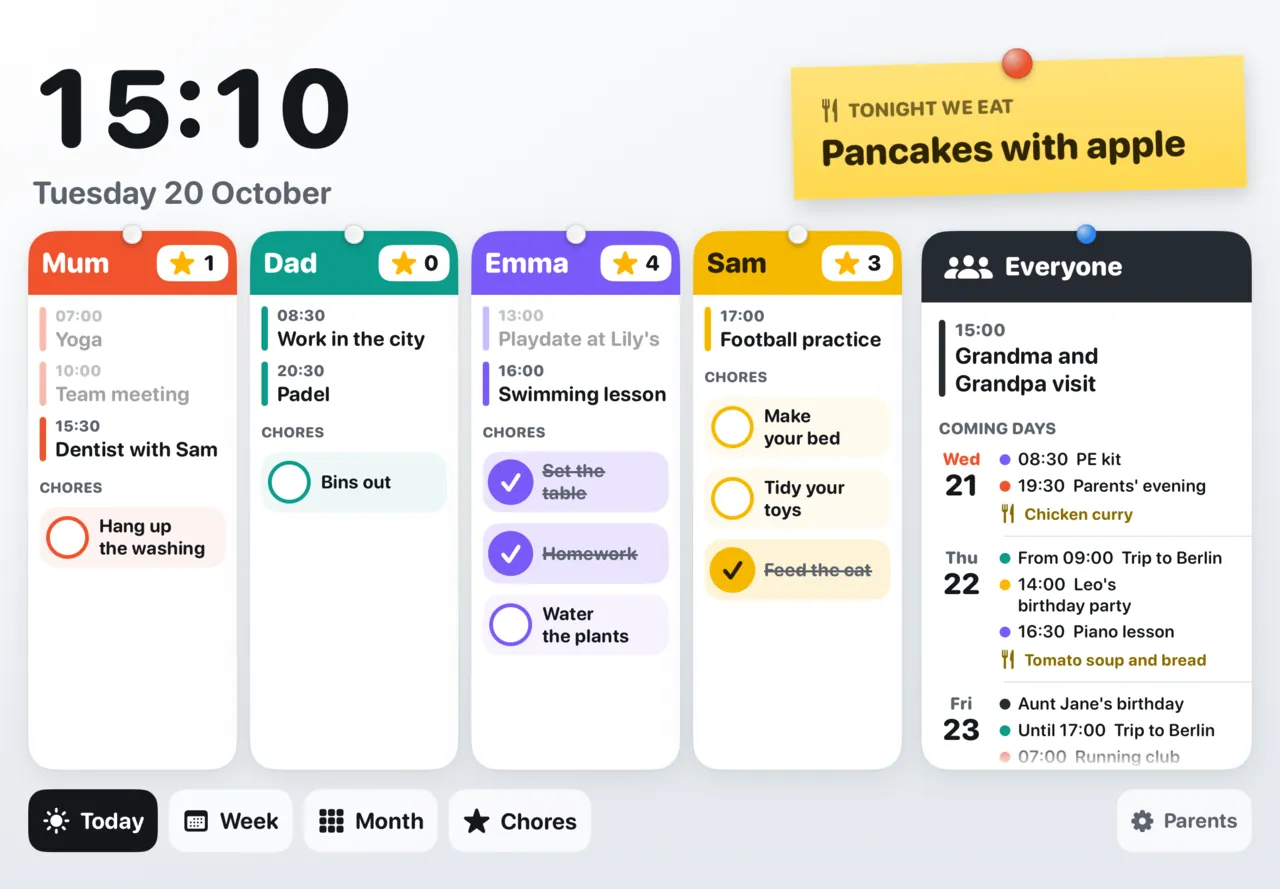The FamilyWeek board on an iPad: a big clock, dinner on a yellow note, a column per family member with appointments and chores, and Everyone with the coming days.
