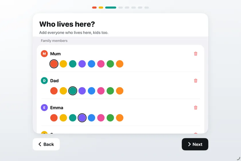 The Who lives here? screen with Mum, Dad and Emma, each in their own colour.