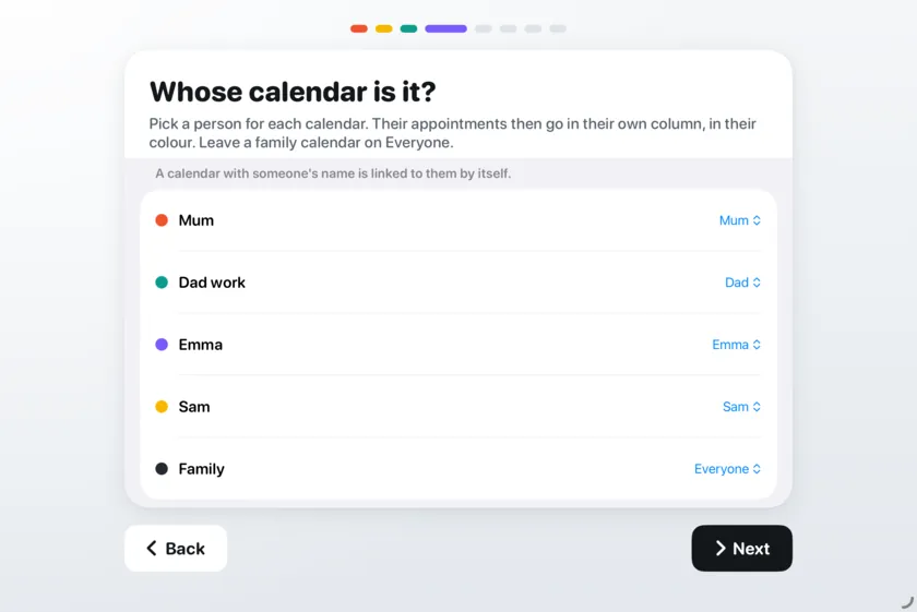 The Whose calendar is it? screen with a family member next to each calendar.