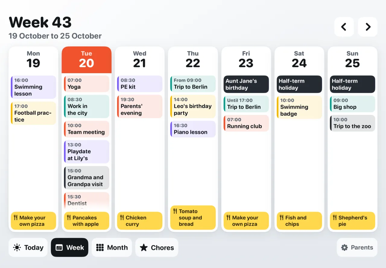 The week: seven days side by side, with dinner at the bottom of each day.