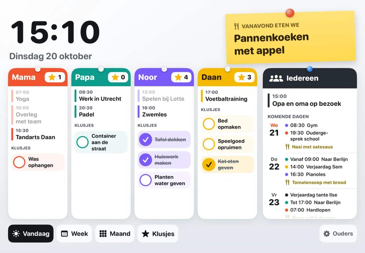 Het bord van FamilyWeek op een iPad: een grote klok, het avondeten op een geel briefje, een kolom per gezinslid met afspraken en klusjes, en Iedereen met de komende dagen.