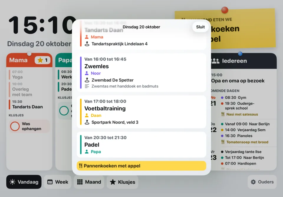Een dag aangetikt: elke afspraak met de tijd, van wie, de plaats en de notities, en het avondeten.
